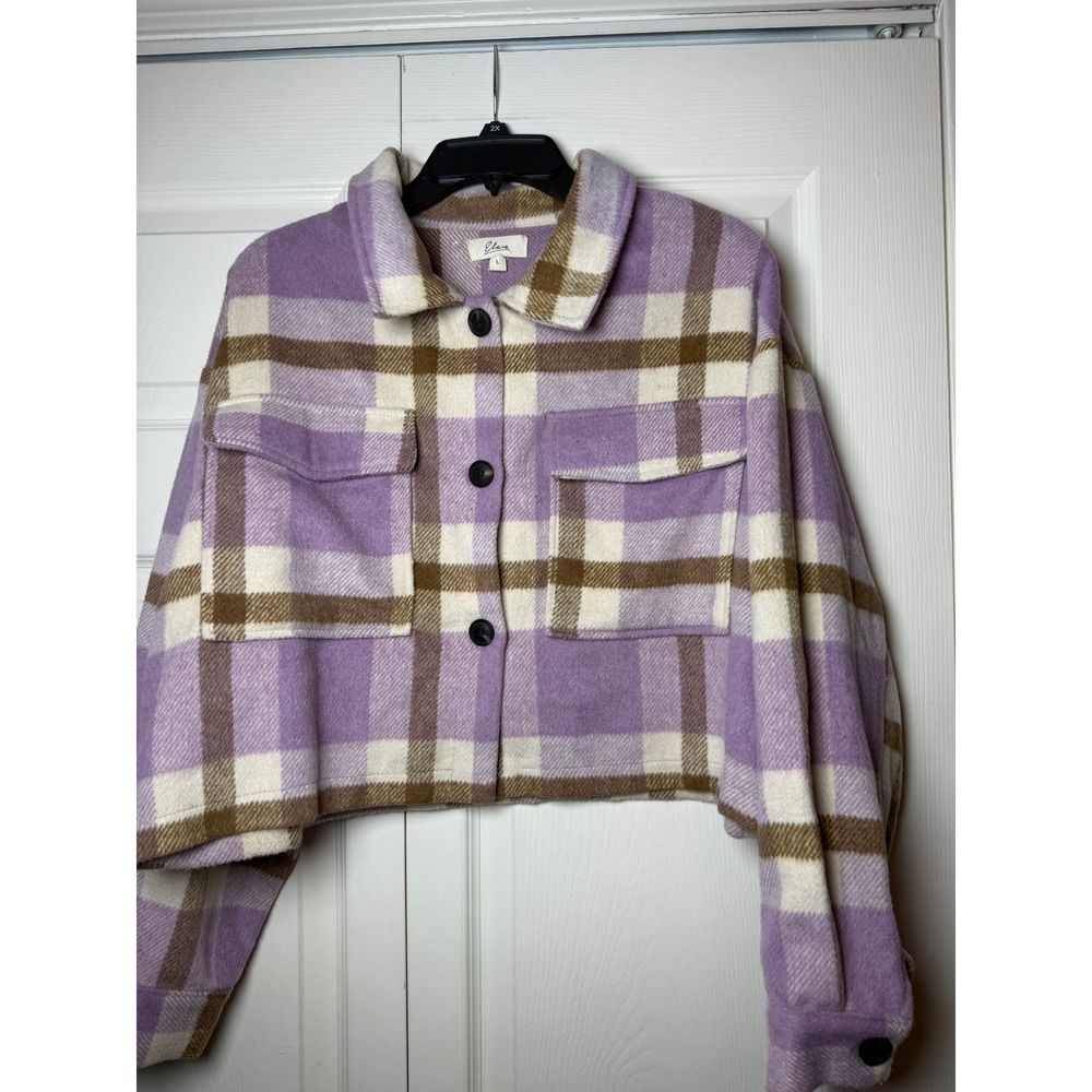 Elan‎ Purple Plaid Cropped Shacket Button Front Jacket Women's Large